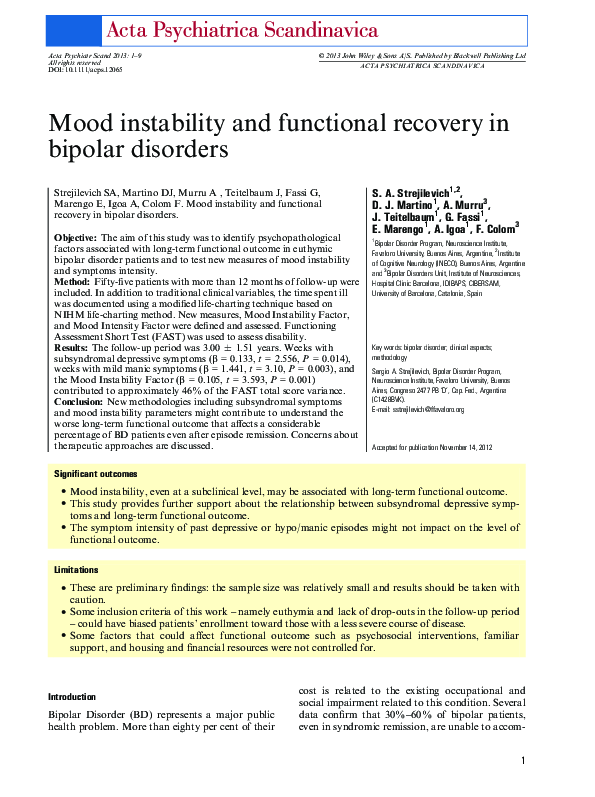(PDF) Mood instability and functional recovery in bipolar disorders