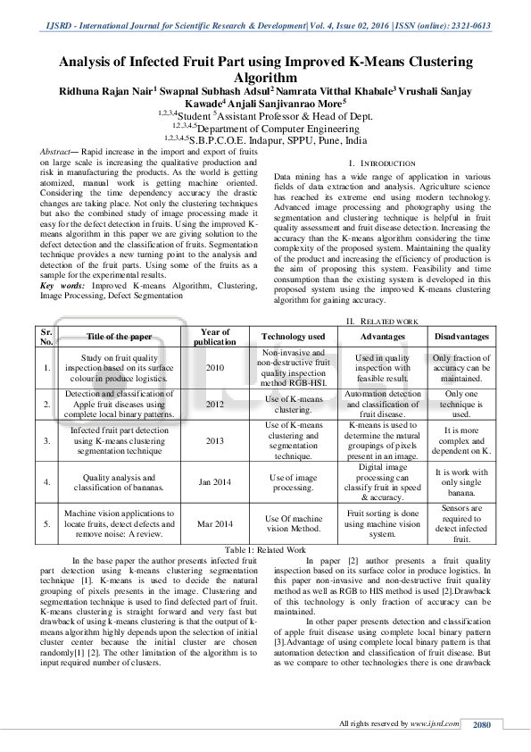 (PDF) Analysis of Infected Fruit Part using Improved K-Means Clustering ...