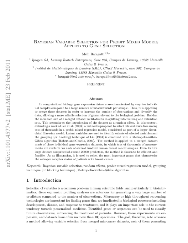 (PDF) Bayesian variable selection for probit mixed models applied to ...