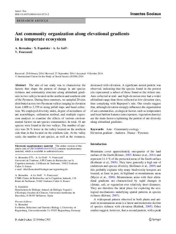 (PDF) Ant community organization along elevational gradients in a ...