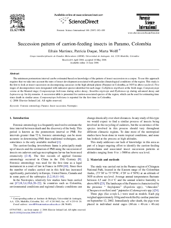 (PDF) Succession pattern of carrion-feeding insects in Paramo, Colombia