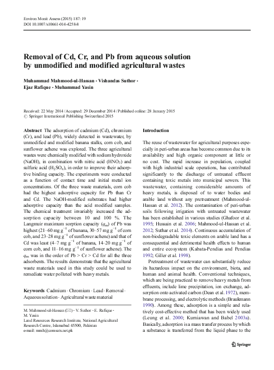 (PDF) Removal of Cd, Cr, and Pb from aqueous solution by unmodified and ...