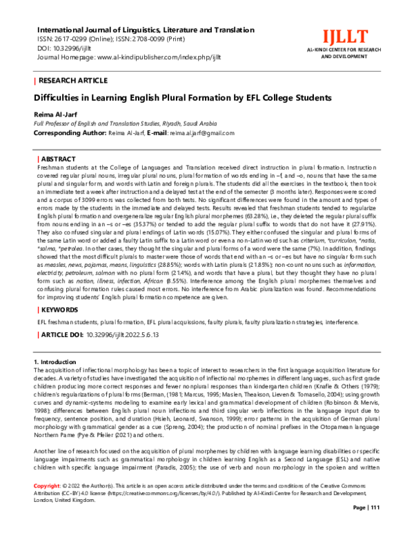 (PDF) Difficulties in Learning English Plural Formation by EFL College ...