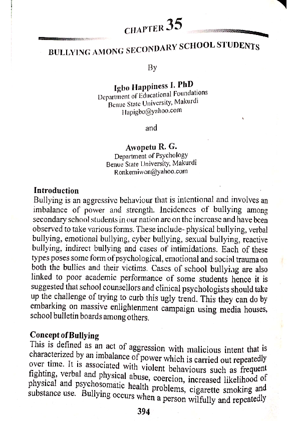 (PDF) Bullying Among Secondary school students