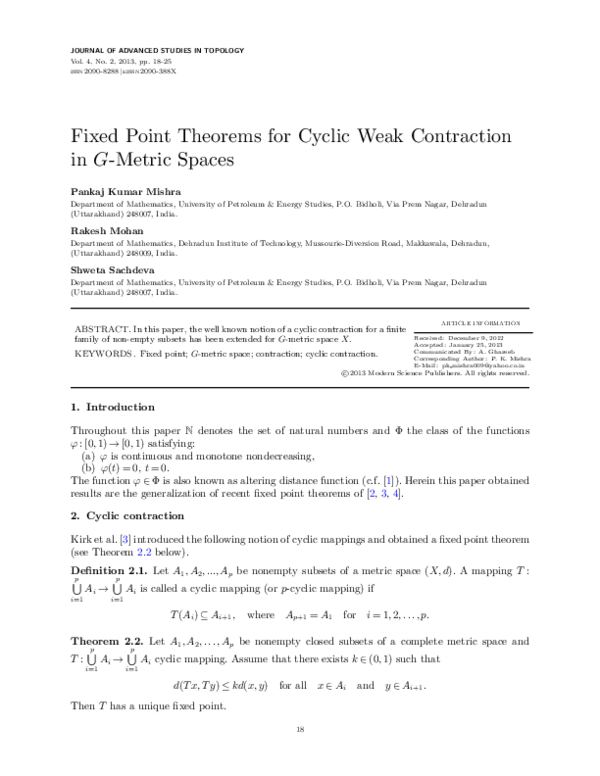 (PDF) Fixed Point Theorems for Cyclic Weak Contraction in G-Metric Spaces