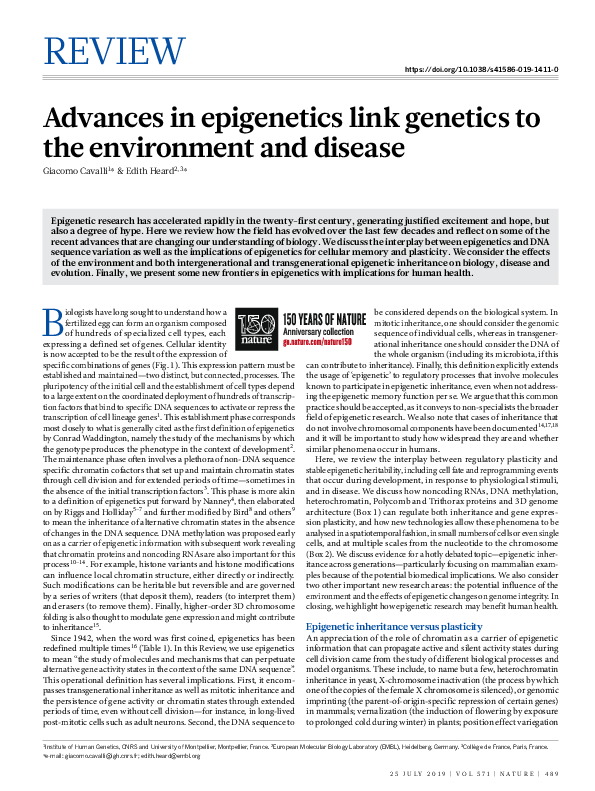 (PDF) Advances in epigenetics link genetics to the environment and disease