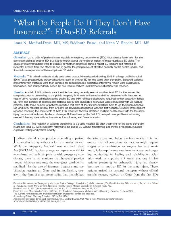 (PDF) “What Do People Do If They Don't Have Insurance?”: ED ‐to‐ ED ...
