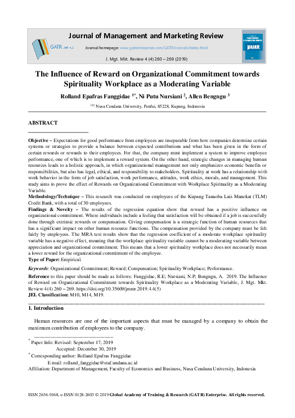 (PDF) The Influence of Reward on Organizational Commitment towards ...