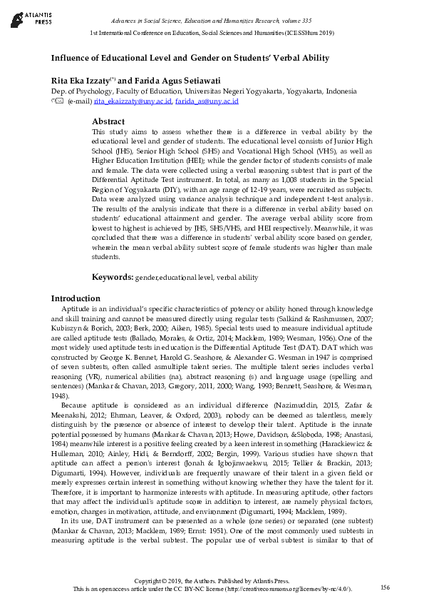 (PDF) Influence of Educational Level and Gender on Students’ Verbal Ability