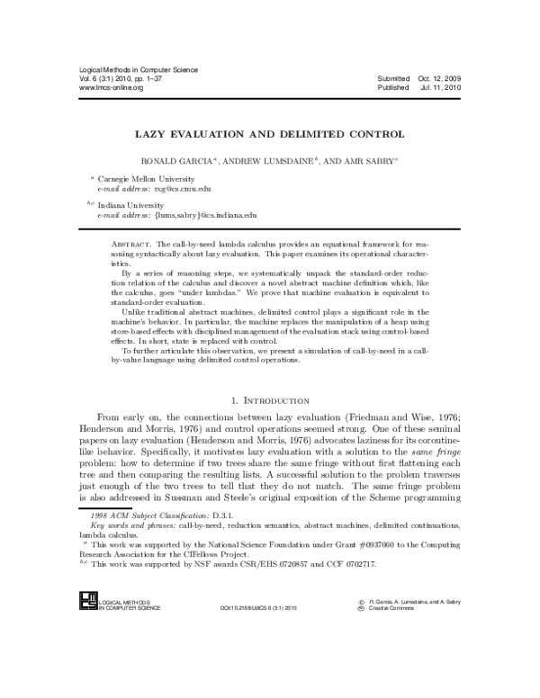 (PDF) Lazy Evaluation and Delimited Control