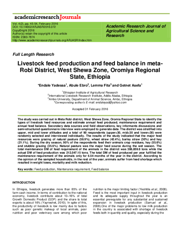 (PDF) Livestock feed production and feed balance in meta- Robi District ...
