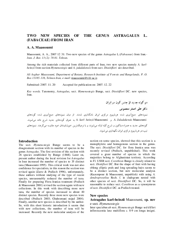 (PDF) Two New Species of the Genus Astragalus L. (Fabaceae) from Iran