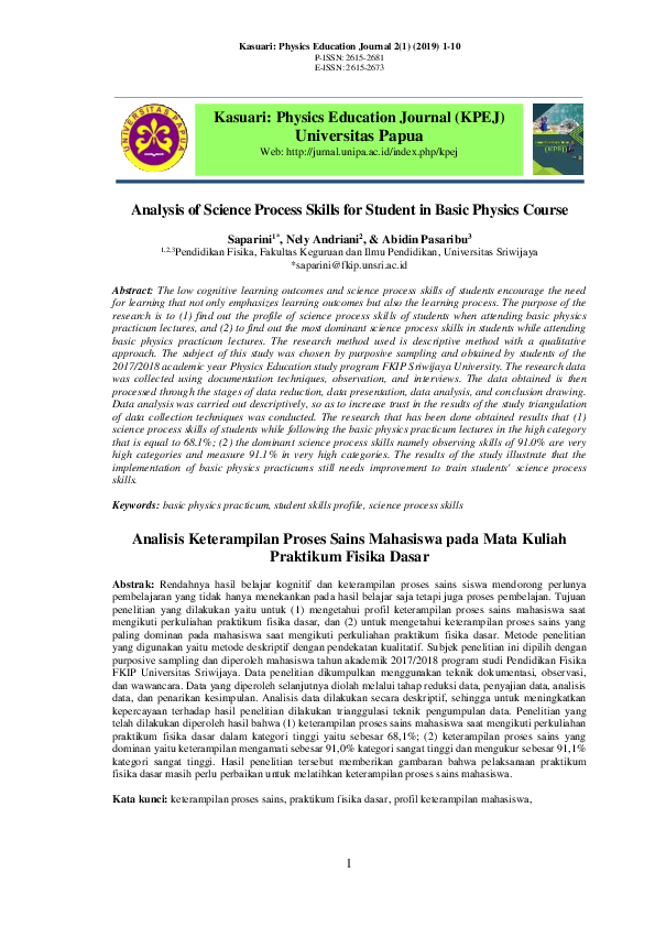 (PDF) Analysis of Science Process Skills for Student in Basic Physics ...