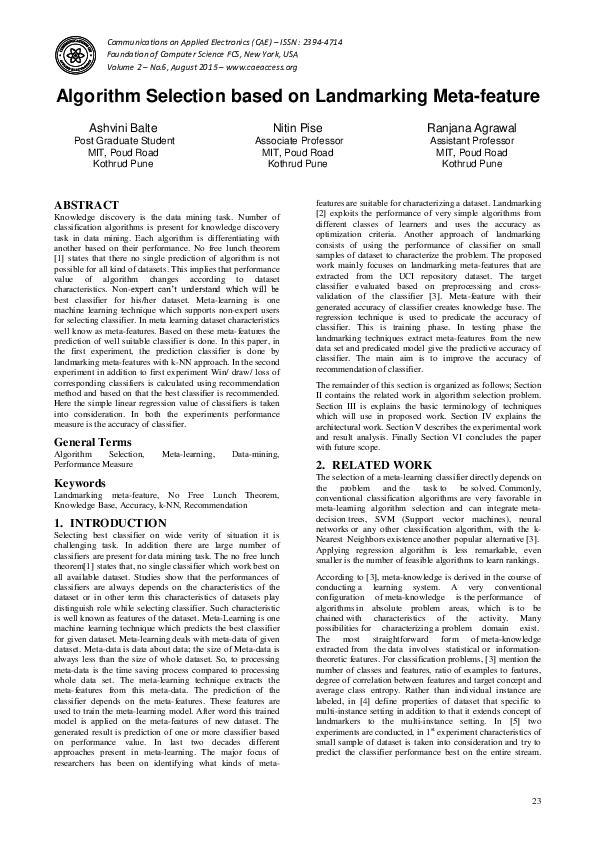 (PDF) Algorithm Selection based on Landmarking Meta-feature
