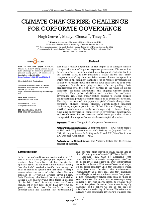 (PDF) Climate change risk: Challenge for corporate governance