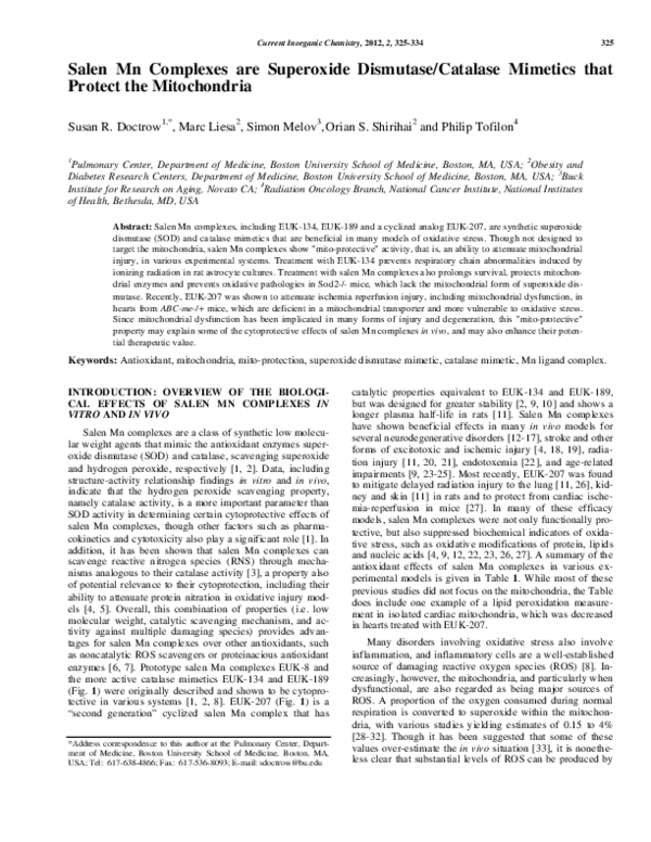 (PDF) Salen Mn Complexes are Superoxide Dismutase/Catalase Mimetics