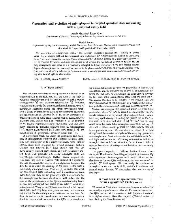 (PDF) Generation and evolution of entanglement in coupled quantum dots ...