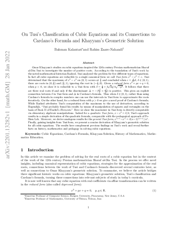 (PDF) On Tusi's Classification of Cubic Equations and its Connections ...