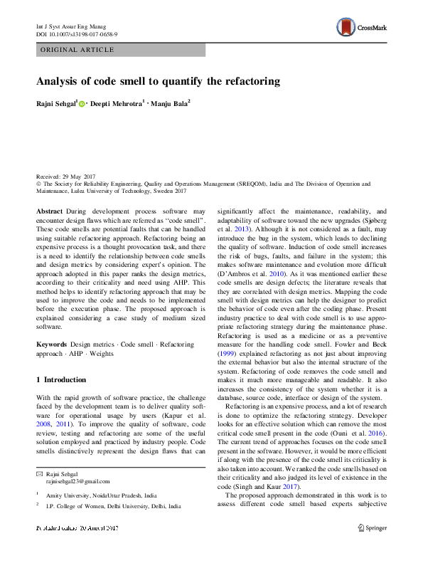 (PDF) Analysis of code smell to quantify the refactoring