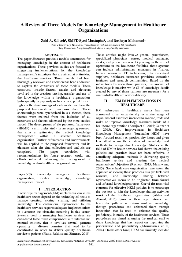 (PDF) A review of three models for knowledge management in healthcare ...