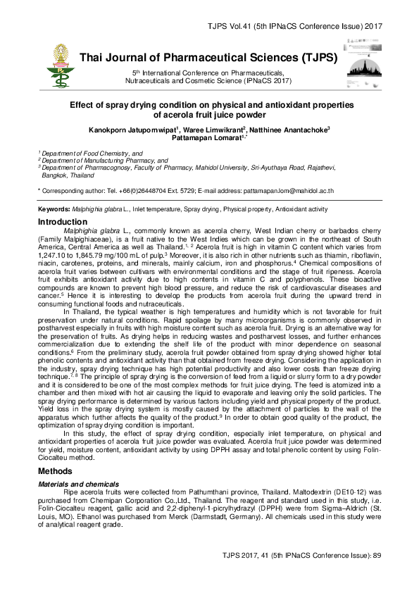 (PDF) Effect of spray drying condition on physical and antioxidant ...