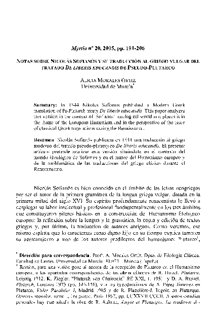 (PDF) Notas Sobre Nicolás Sofianós y Su Traducción Al Griego Vulgar Del