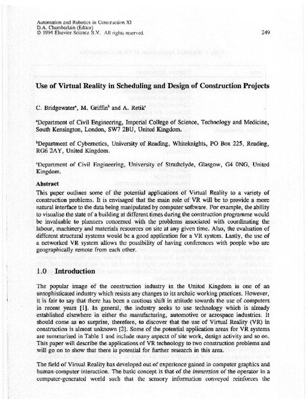 (PDF) Use of Virtual Reality in Scheduling and Design of Construction ...