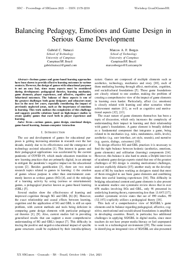 (PDF) Balancing Pedagogy, Emotions and Game Design in Serious Game ...