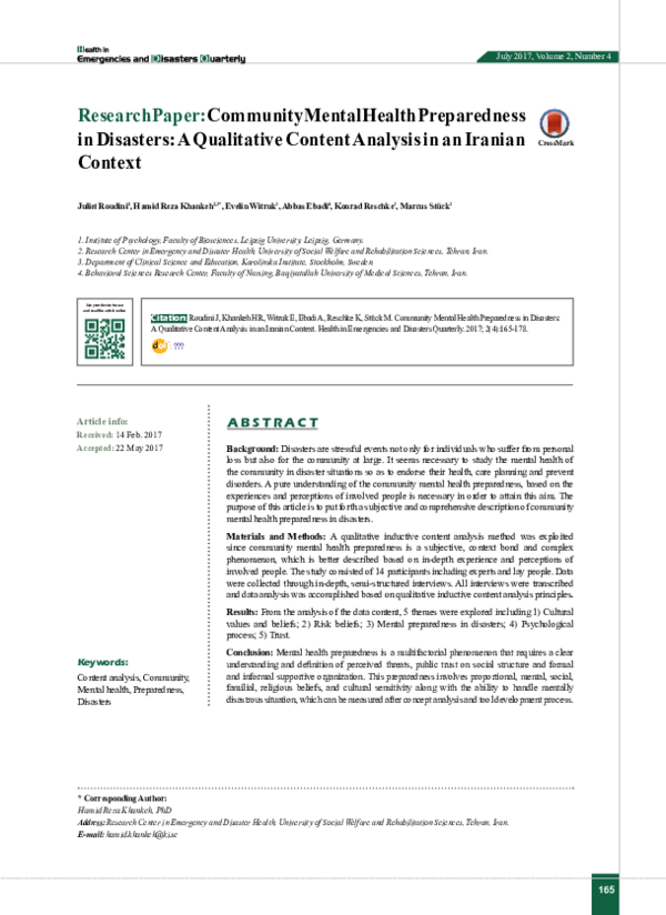 (PDF) Community Mental Health Preparedness in Disasters: A Qualitative ...