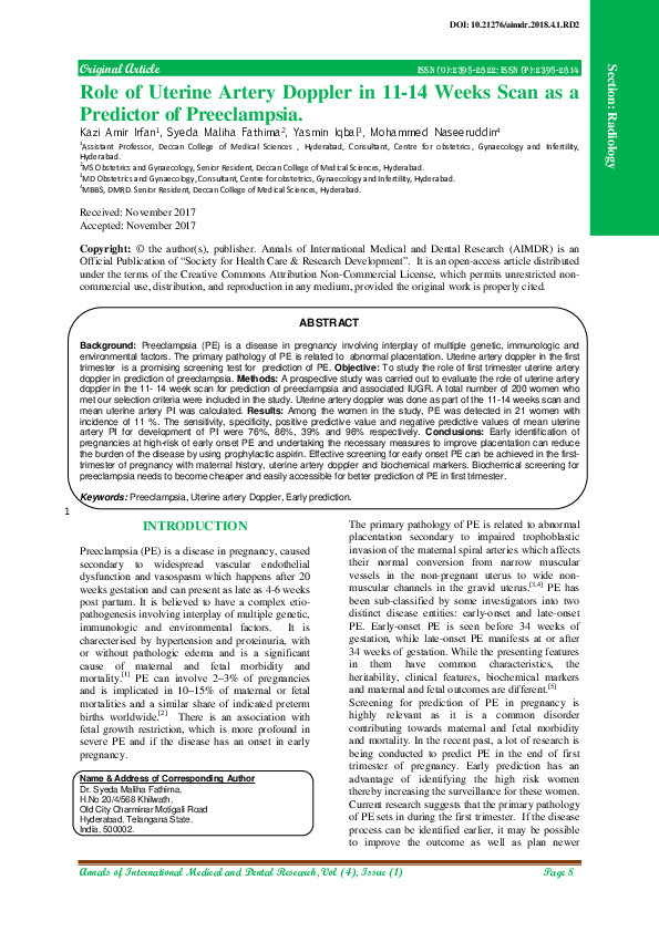 (PDF) Role of Uterine Artery Doppler in 11-14 Weeks Scan as a Predictor ...