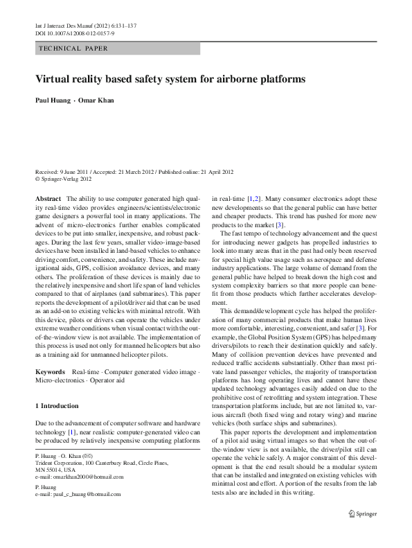 (PDF) Virtual reality based safety system for airborne platforms