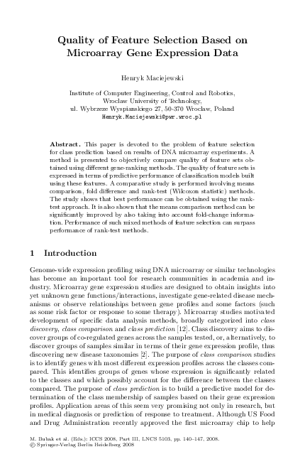 (PDF) Quality of Feature Selection Based on Microarray Gene Expression Data