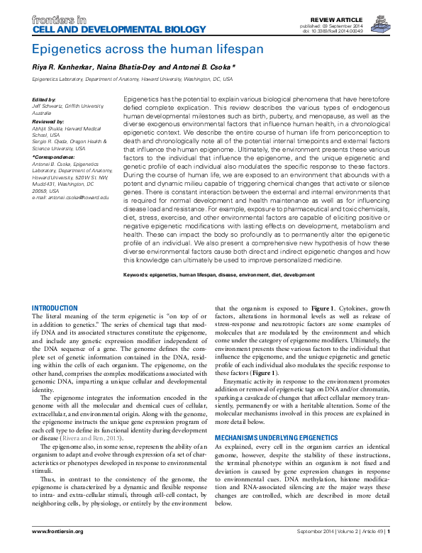 (PDF) Epigenetics across the human lifespan