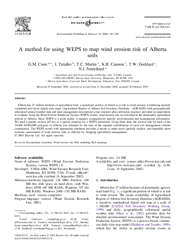 (PDF) A method for using WEPS to map wind erosion risk of Alberta soils