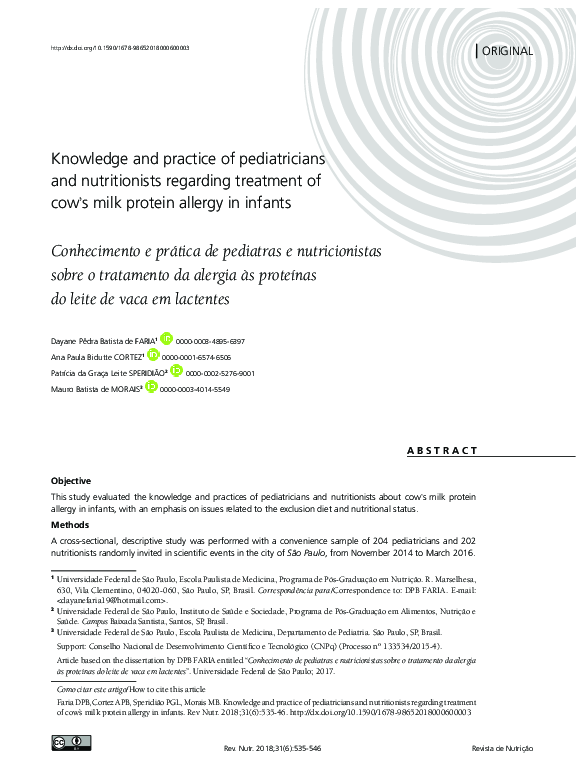 (PDF) Knowledge and practice of pediatricians and nutritionists ...