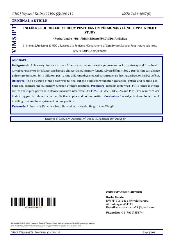 (PDF) Influence of Different Body Positions on Pulmonary Functions: A ...