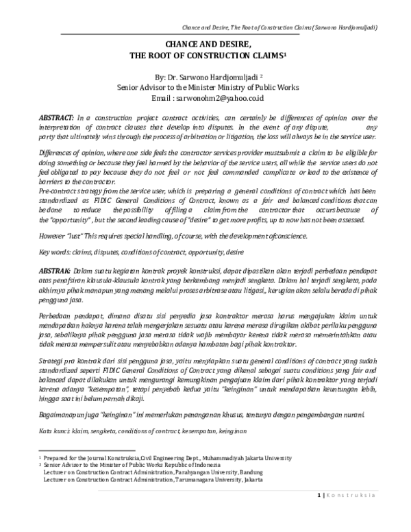(PDF) Chance and Desire, the Root of Construction Claims 1 | Sarwono ...