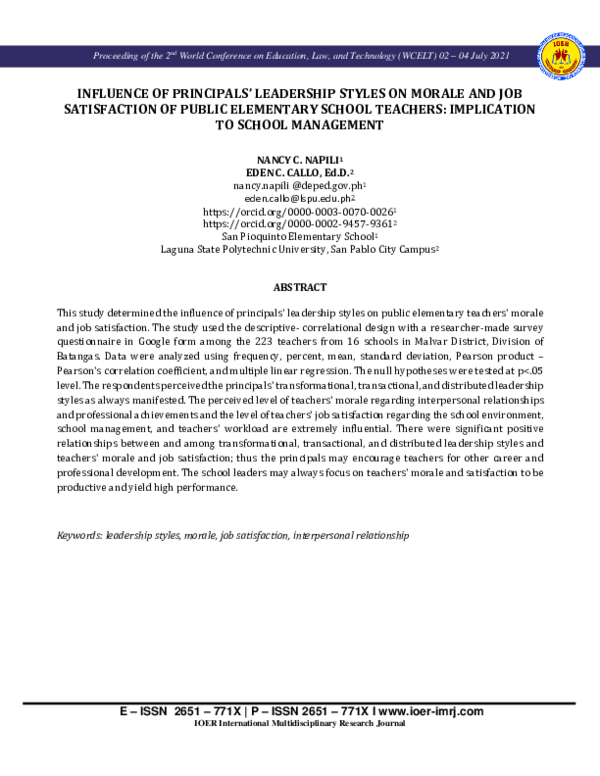 (PDF) Influence of Principals' Leadership Styles on Morale and Job ...