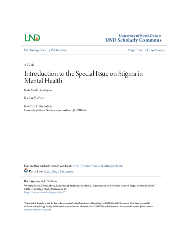 (PDF) Introduction to the Special Issue on Stigma in Mental Health