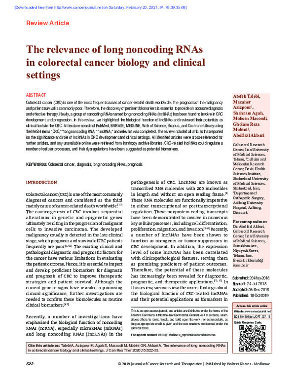 (PDF) The relevance of long noncoding RNAs in colorectal cancer biology ...