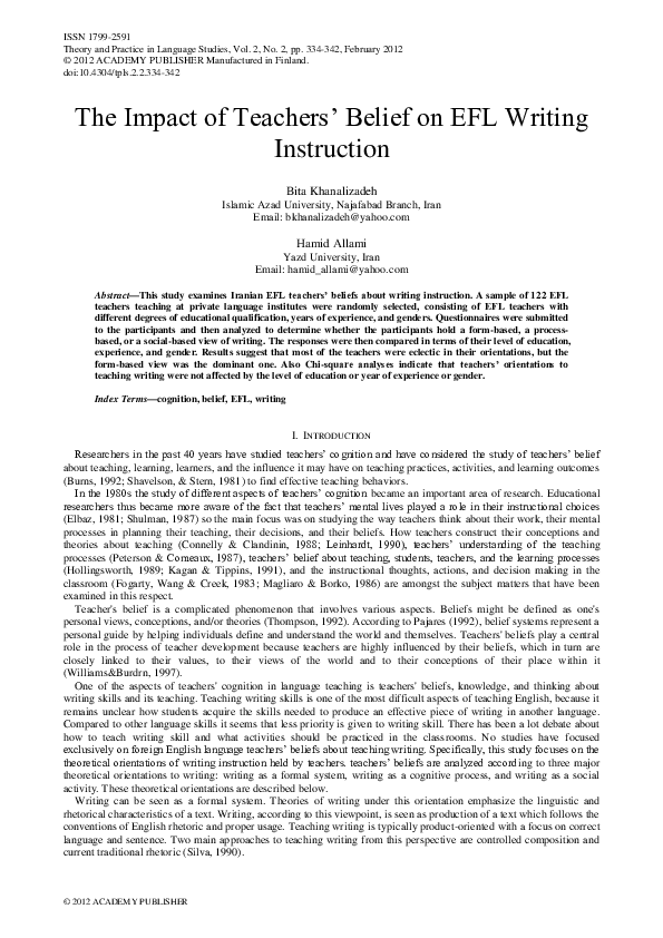 (PDF) The Impact of Teachers‟ Belief on EFL Writing Instruction