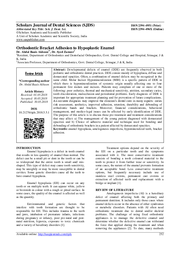 (PDF) Orthodontic Bracket Adhesion to Hypoplastic Enamel Abdul Baais