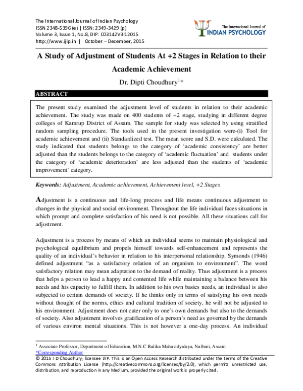 (PDF) A Study of Adjustment of Students At +2 Stages in Relation to ...