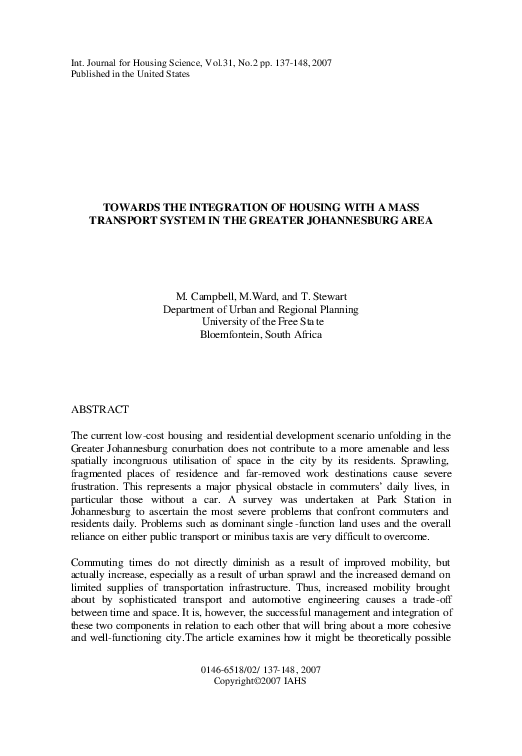 Towards the integration of housing with a mass transport system in the greater Johannesburg area