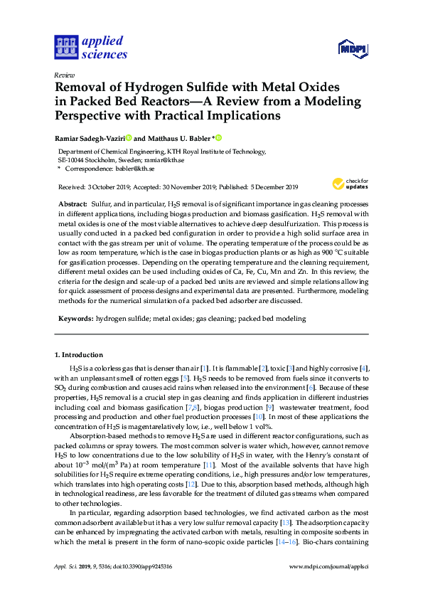 (PDF) Removal of Hydrogen Sulfide with Metal Oxides in Packed Bed ...