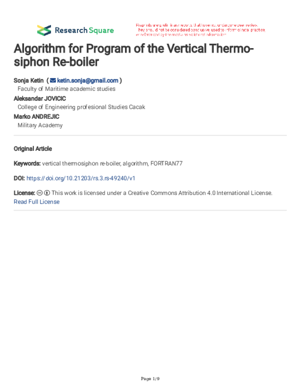 (PDF) Algorithm for Program of the Vertical Thermo-siphon Re-boiler
