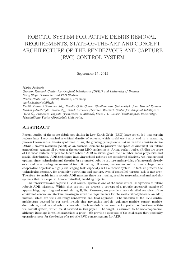 (PDF) Robotic System for Active Debris Removal: Requirements, State-Of ...