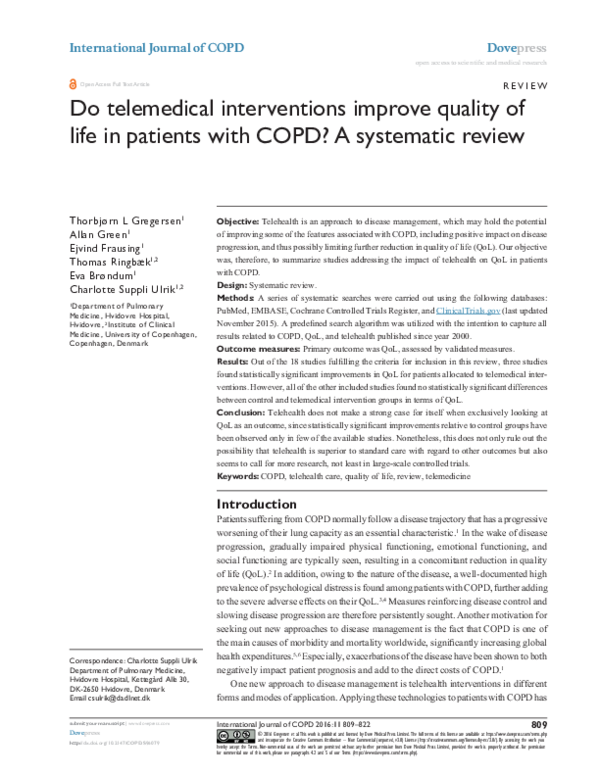 (PDF) Do telemedical interventions improve quality of life in patients ...