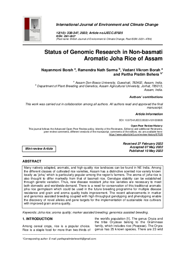 (PDF) Status of Genomic Research in Non-basmati Aromatic Joha Rice of Assam
