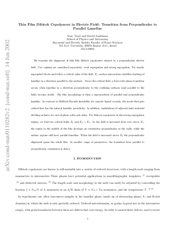 (PDF) Thin Film Diblock Copolymers in Electric Field: Transition from ...